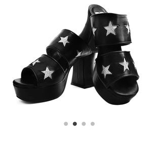 TUK VEGAN Black & Silver Star Strappy Marley Platform Sandal Heels NIB
